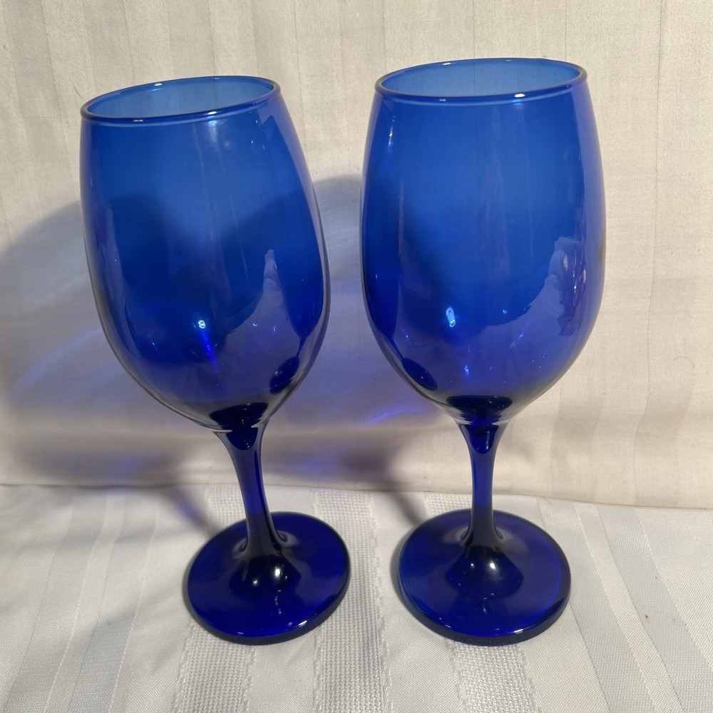 Cobble Blue Wine Glasses Round Glossy Finish Two 8 inch