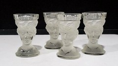 Set of 4- Antique Frosted Lady Face Shaped Glass Liqueur Cordial Shot Glasses