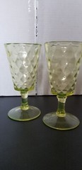 2 EAPG 1890’s Bryce Bros Vaseline Diamond Quilted 1000 Yellow Glass Stem Goblet