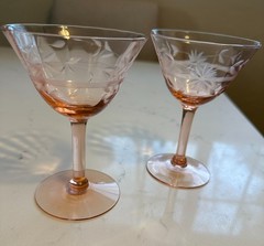 Pink Tiffin Franciscan Glass Panel Optic Etched Champagne Coupe Sherbet Glasses