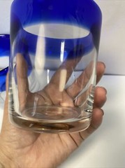 2 Mexican Hand Blown Cobalt Blue Rim Glass Tumbler Rough Pontil Bubble Low Ball