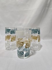 VNTG Mid-Century Modern Set 3 Clear Glass Tumblers Gold Teal Blue White Leaf