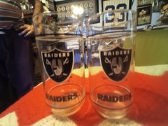 2-Vintage NFL Oakland Raiders Glasses Mobil 5 1/2 tall each hard to find