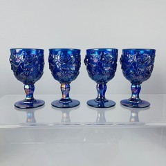 Madonna Inn Wild Rose Iridescent Cobalt Blue Goblets Fenton for LG Wright Mint
