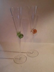 Murano Style Glass Escargo Champagne Flutes One GreenOne Orange. Unique Design.