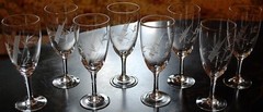 Vintage Set 8 HAND CUT ASIAN BAMBOO STEMS & LEAVES Wine Glasses 5.5″ Hand Blown