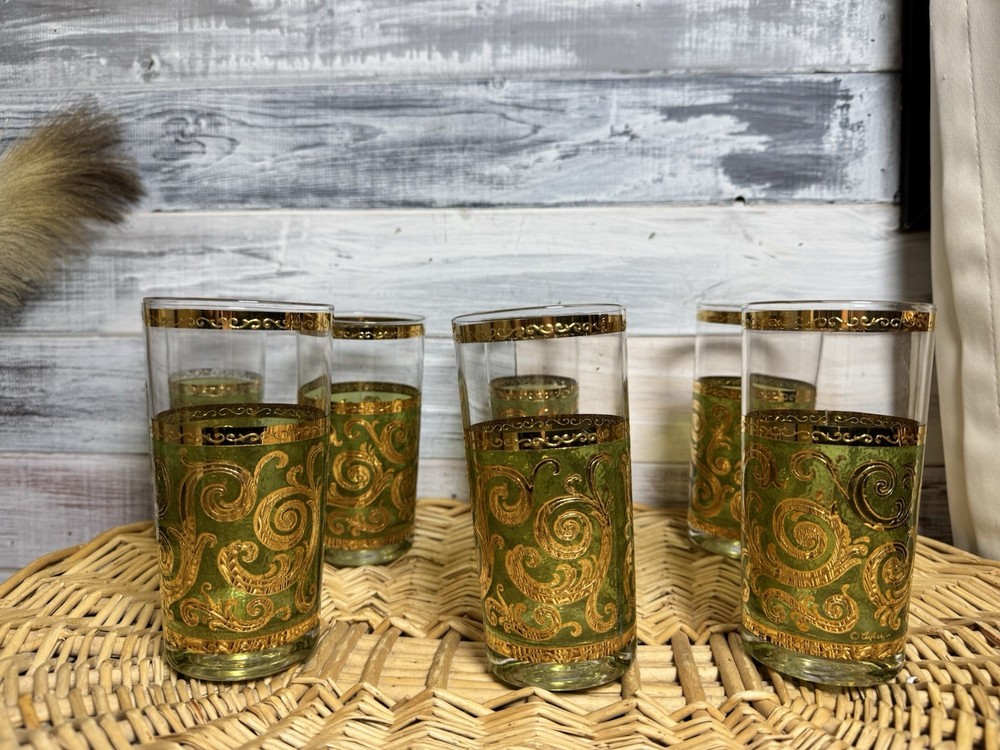 Vtg Culver MCM Baroque High Ball Tumblers 22K Gold 7 Scroll Olive Green