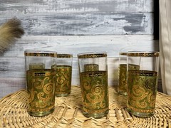 Vtg Culver MCM Baroque High Ball Tumblers 22K Gold 7 Scroll Olive Green