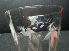 Rare 1930’s TIFFEN Pink Panel Optic Elegant Glass Footed Tumbler Etched GLOWS 6”
