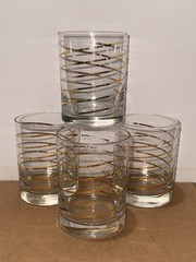 4 MCM Vintage Kraftware Gold Stripe Rocks Old Fashioned Low Ball Glasses