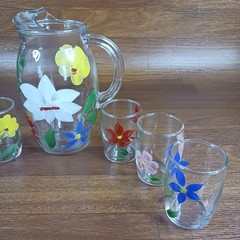 Vintage Bartlett Collins Juice Set Pitcher + 6 Glasses Hand Painted Floral MCM