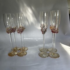Set Of 8 Signed Hand Blown Ion Tamaian Art Glass Champagne Flutes Pink