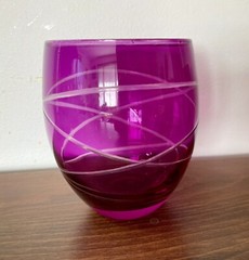 Set Of 4 Etched Glass Magenta Lowball Tumbler Tall Drinking Glasses
