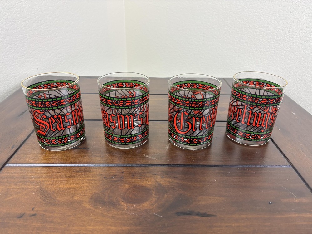 1980 Vintage Sears Houze Season Greetings 12 oz High Ball Barware Glasses FOUR