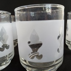 7 Libbey Fleur De Lis Low Ball Juice Glasses 3″ Frosted White Silver Vintage