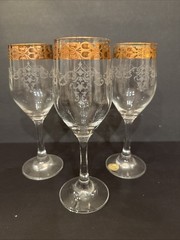 Set Of 3 Bernini 24K GOLD Trim Etched Blown Crystal Wine Glasses Italy 8” Tall
