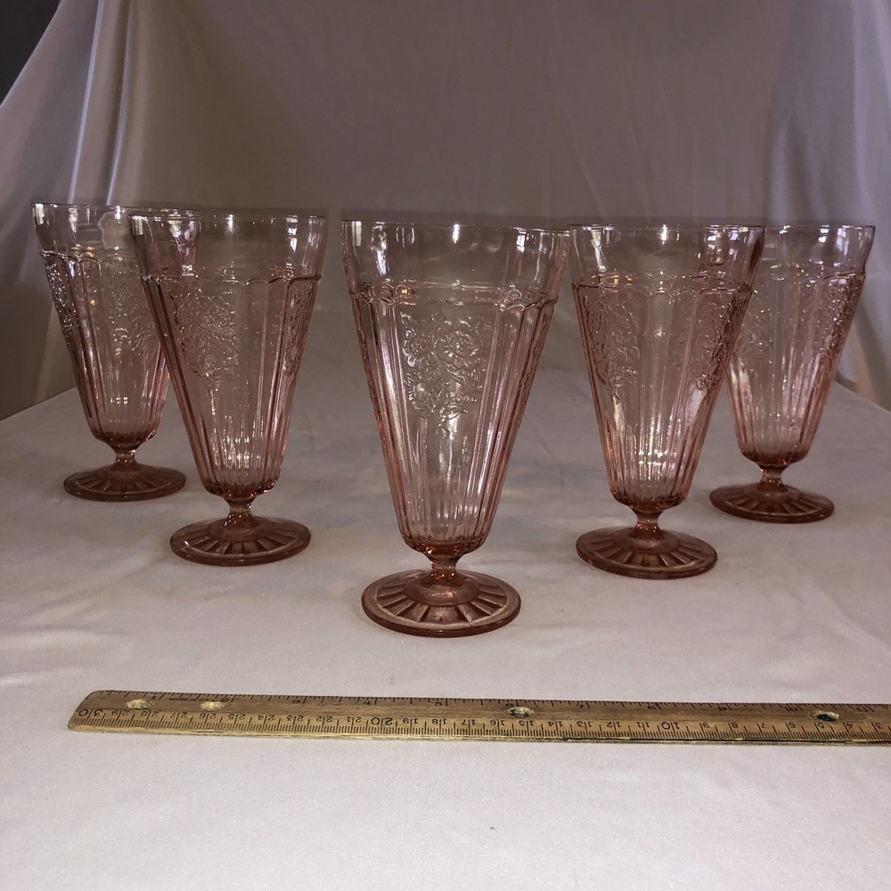 Pink depression glass Mayfair Open Rose Footed Iced Tea Goblets Tumbler Set of 5