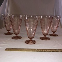 Pink depression glass Mayfair Open Rose Footed Iced Tea Goblets Tumbler Set of 5