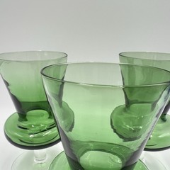 Set of 3 Vintage Mid-Century Modern Green Stemmed Glasses – Hand Blown Art Glass
