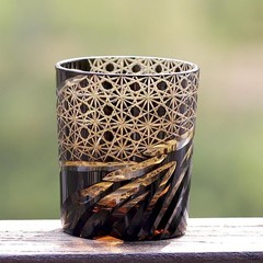 Luxury Edo Kiriko Hand Cut Crystal Whiskey Glass Black Amber Carved Tumbler 9oz
