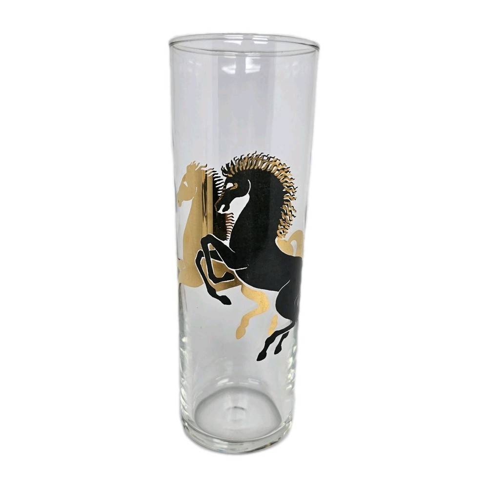 MCM Highball Bar Glass Horse Black Gold Stallion Tom Collins Zombie Drinking