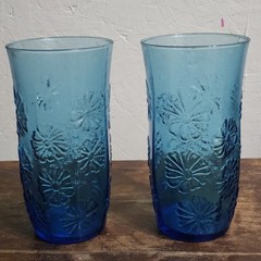 Set Of 2 Springsong Daisy Anchor Hocking Laser Blue Tall Glass Tumblers 6.75″