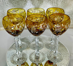 Cut to Clear Glass Crystal 8” Set 6 Nachtmann Amber Yellow Wine Glasses Goblets