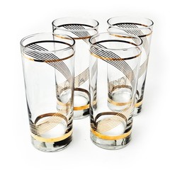 Set of 7 VTG Culver or Libbey Highball Glasses 22K Gold Stripe Swirl MCM