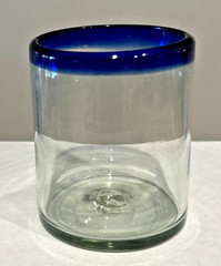 Pier 1 Mexican Drink Glass Cobalt Blue Rim 4″ Old Fashioned Whiskey Rocks 12 oz