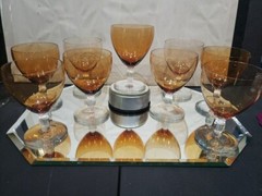 (9) Water Goblets glasses 5-1/4″, Bryce co crystal & amber Delhi stem 946 rare