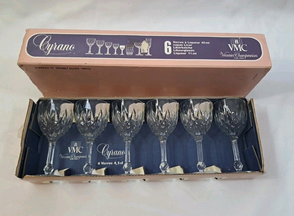 6 Vtg MCM French Diamond Cut Crystal Liqueur Glasses by VMC Rims France Cyrano