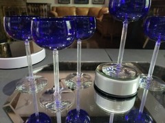 (7) «Rhine Wine» glasses 6″, Fostoria «Classic Cobalt Blue» clear stem 6011 RARE