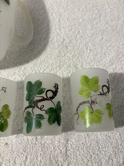 Vintage FROSTED GLASS PITCHER and 6 JUICE GLASSES Green Floral Design