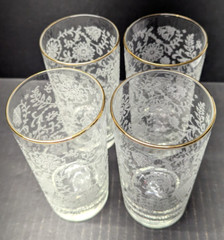 Vintage Libbey Embossed Floral Gold Rim 12oz Tumblers Set of 4 5.5″H x 2.75″W
