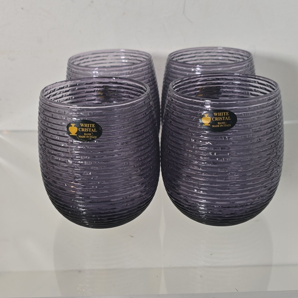 White Cristal Purple Ribbed Glass Tumbler Set of 4 Made in Italy
