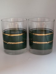 Vintage Noritake Coventry 2797 Green Gold Band Lowball Rocks Glasses DOF Set of