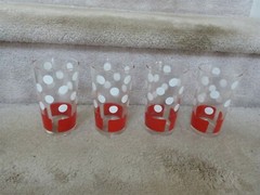 4 VINTAGE MCM Libbey Glass Tall Glasses Red White Dots Stripes 5″