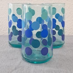 Set of 3 Teal Blue Polka Dot Glass Tumblers Highball 12oz Mid Century Modern
