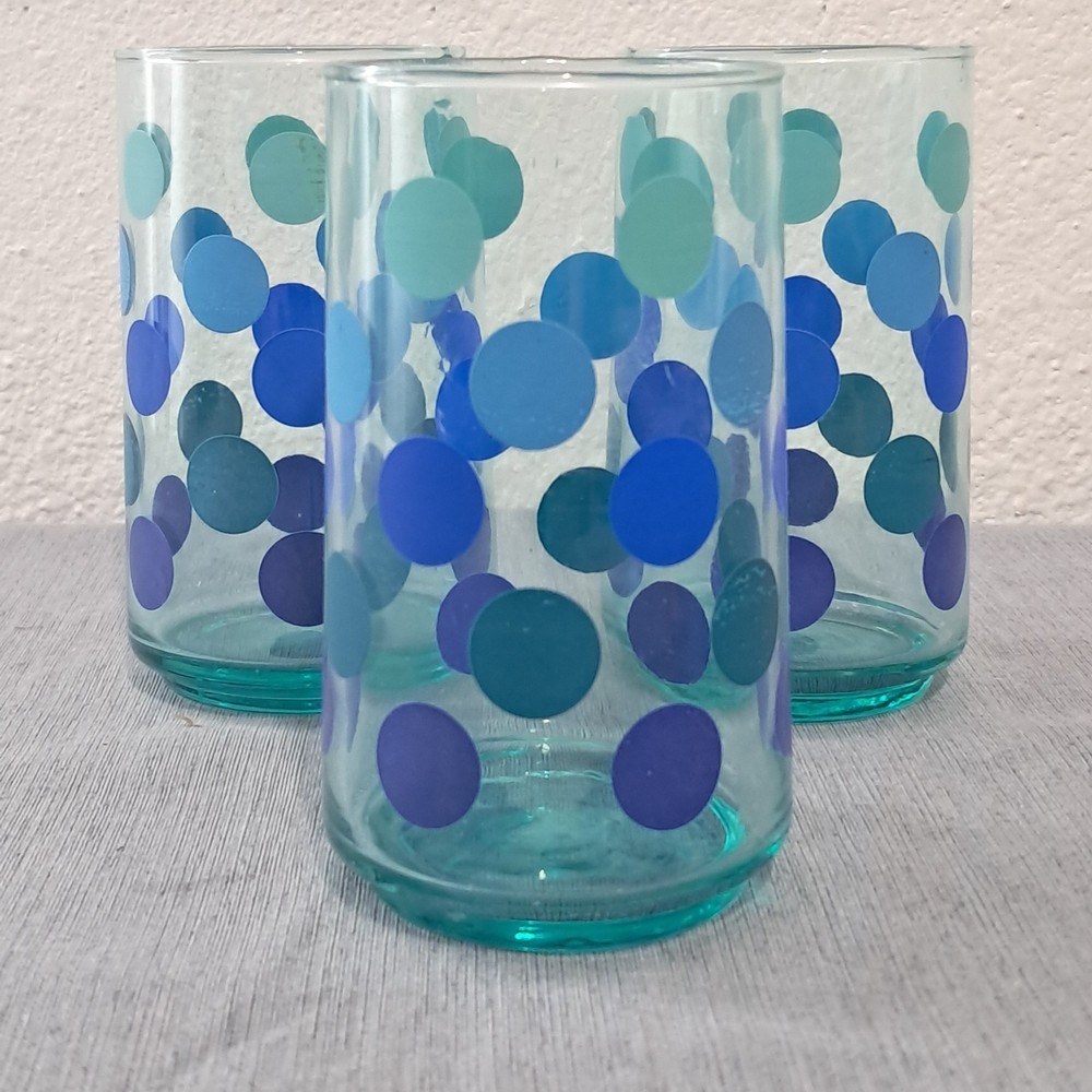 Set of 3 Teal Blue Polka Dot Glass Tumblers Highball 12oz Mid Century Modern