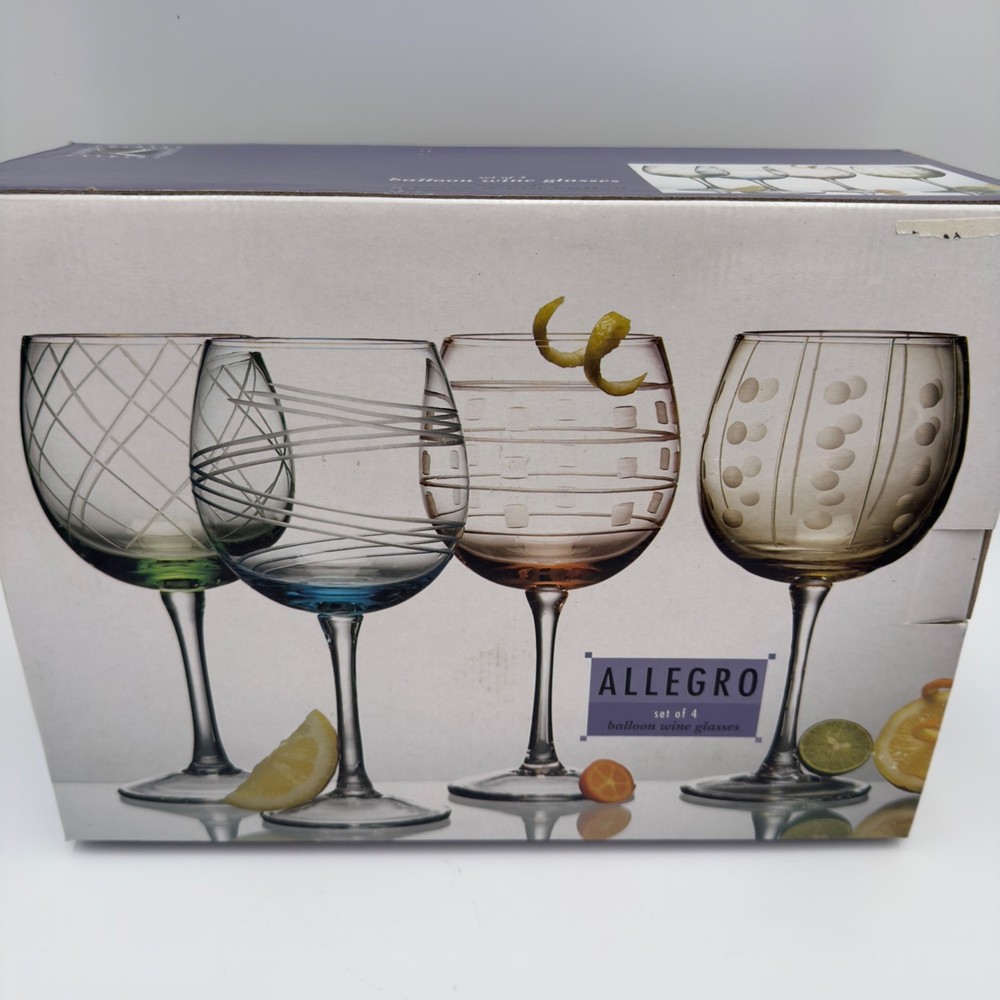 Allegro set 4 Balloon Wine Glasses Hand-Etched 18oz capacity Multicolor design