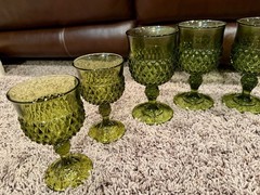 Vintage 1960s Indiana Glass 8 Green Diamond Cut Design Goblets- 4 Tall, 4 Short