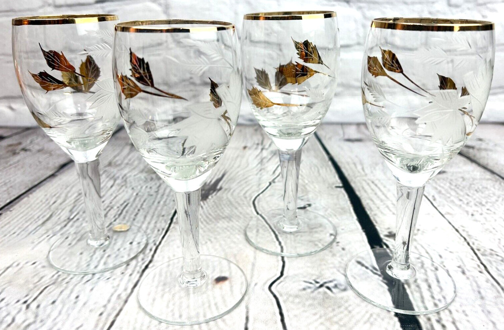Vintage Set of 4 TOSCANY Crystal Etched w/Gilt Leaves/Trim CORDIAL/WINE Glasses