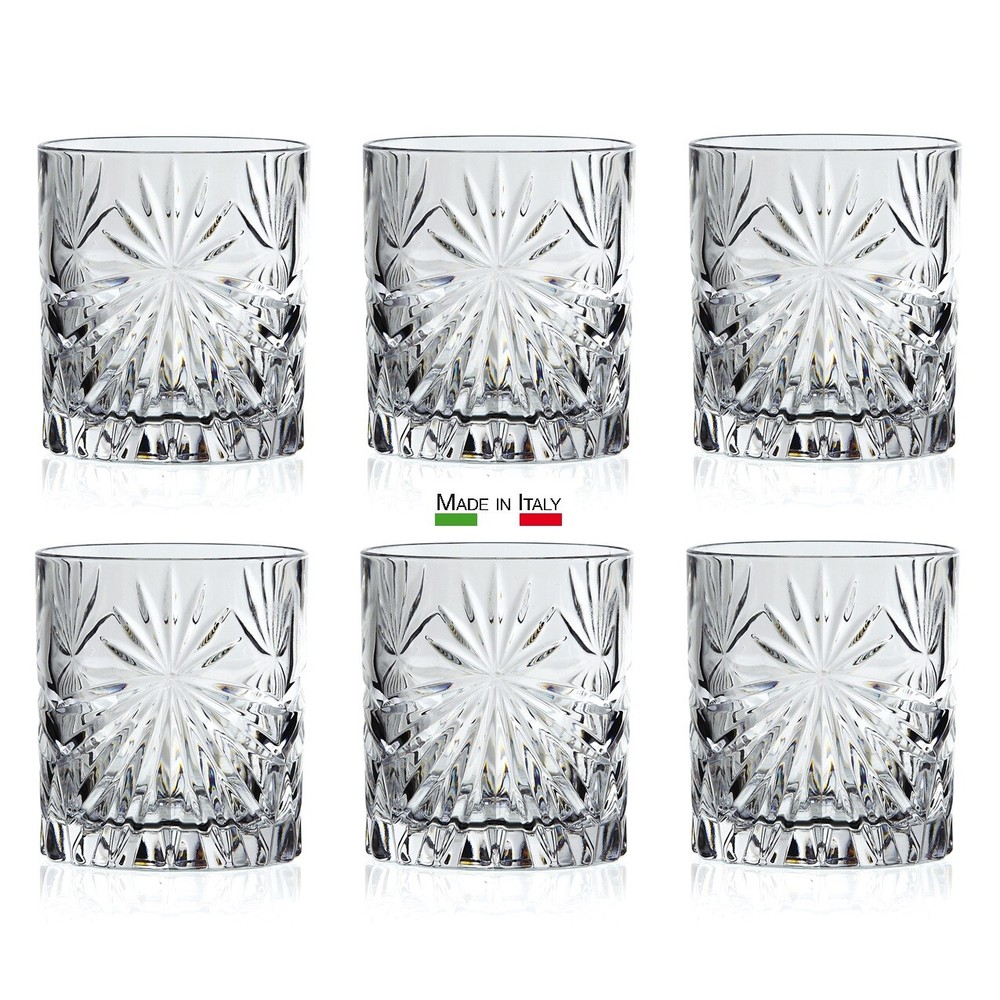 Italian Crystal Glassware Set of 6 Whiskey Tumblers With Sparkle Cut Design