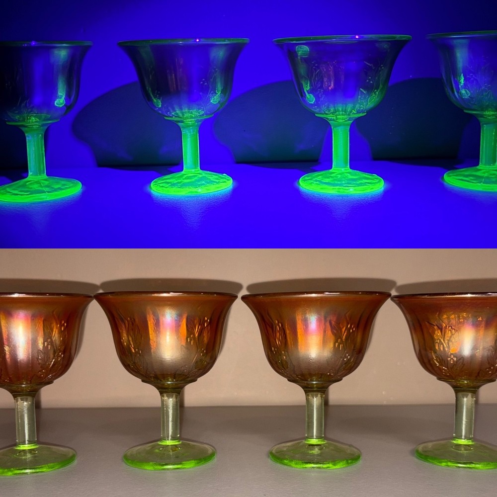 Set 4 Fenton Marigold Carnival Glass Holly Uranium Sherbet Goblets Vaseline UV