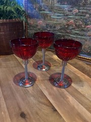 Art deco style wine cordial glasses ruby red removeable heavy metal stems