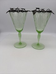 Set Of 2 Uranium Glass Stemware Wine Glasses With A Pewter Overlay On The Rim