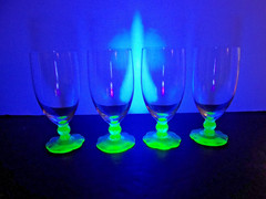 Set of 4 Green Uranium Glass Ball Stem & Base 10 Ounce 6″ Low Goblets