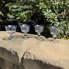 VTG Optic Blue Iridescent Bowl Clear Ball Stem Glasses Art Deco Set of 4 MCM 4oz