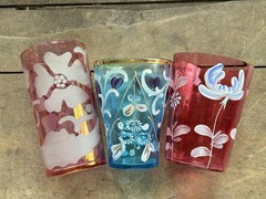 SET OF 3 VINTAGE & ANTIQUE HAND PAINTED & ETCHED FLORAL TUMBLERS VARIOUS COLORS