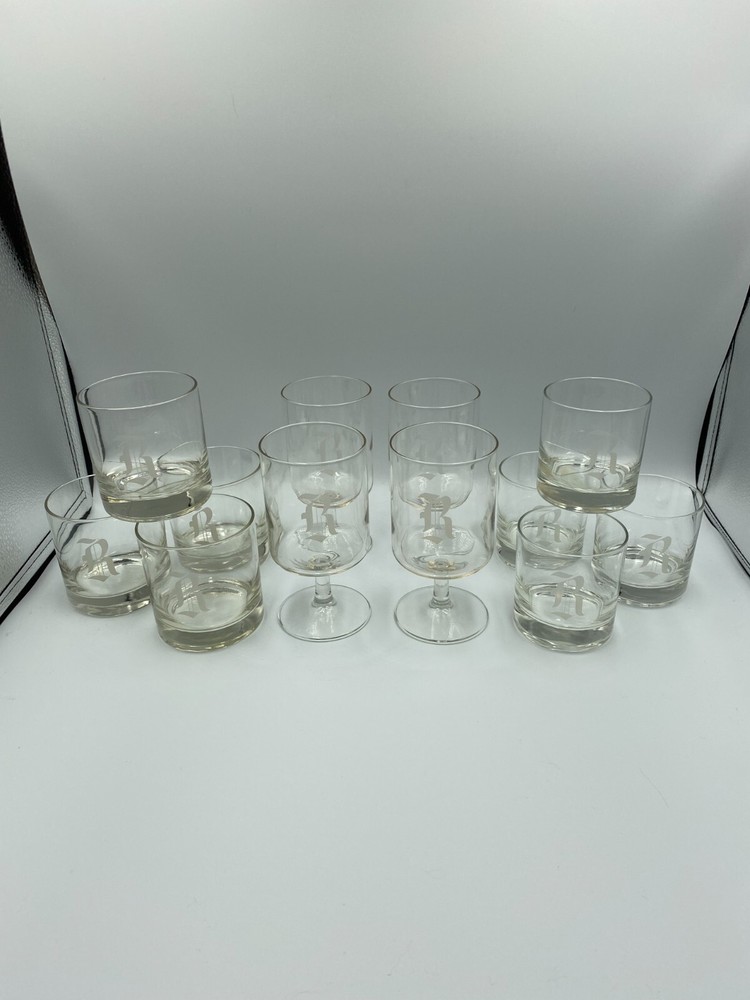 Etched Old English-Style «R» Monogramed Glasses. Lot of 12.